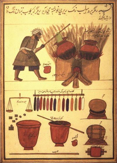 Un tintore arabo che tinge stoffe e gli strumenti del suo mestiere (inchiostro su pergamena) da Unbekannt Unbekannt